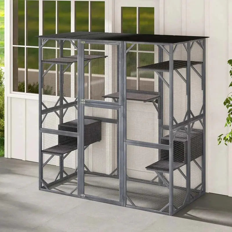 71-Inch Outdoor Wooden Catio Enclosure With 7 Platforms And 2 Condos - Grey