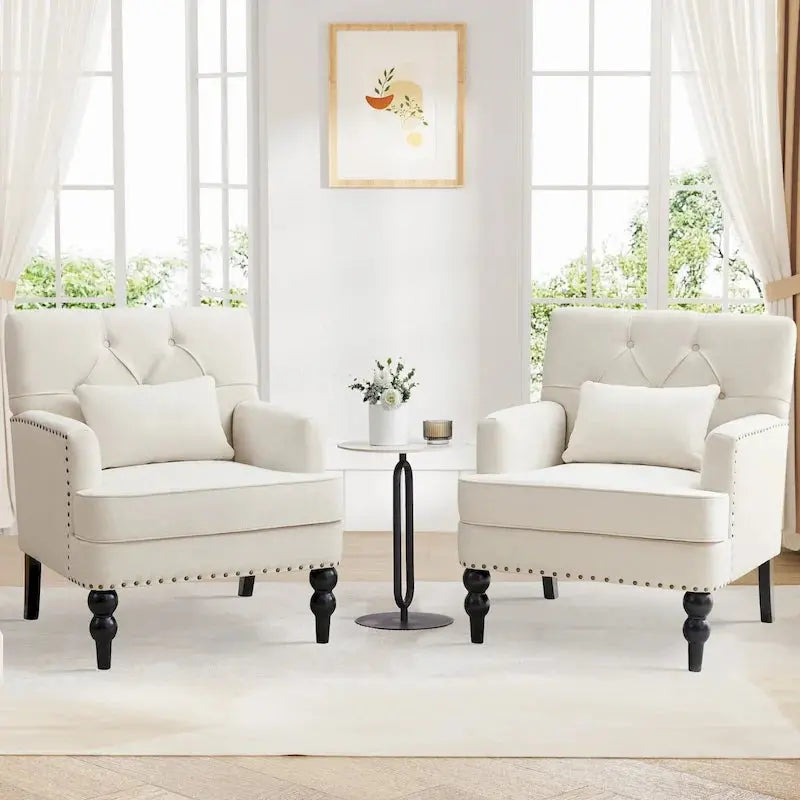 Set Of 2 Button-Tufted Upholstered Accent Armchairs With Lumbar Support Pillows