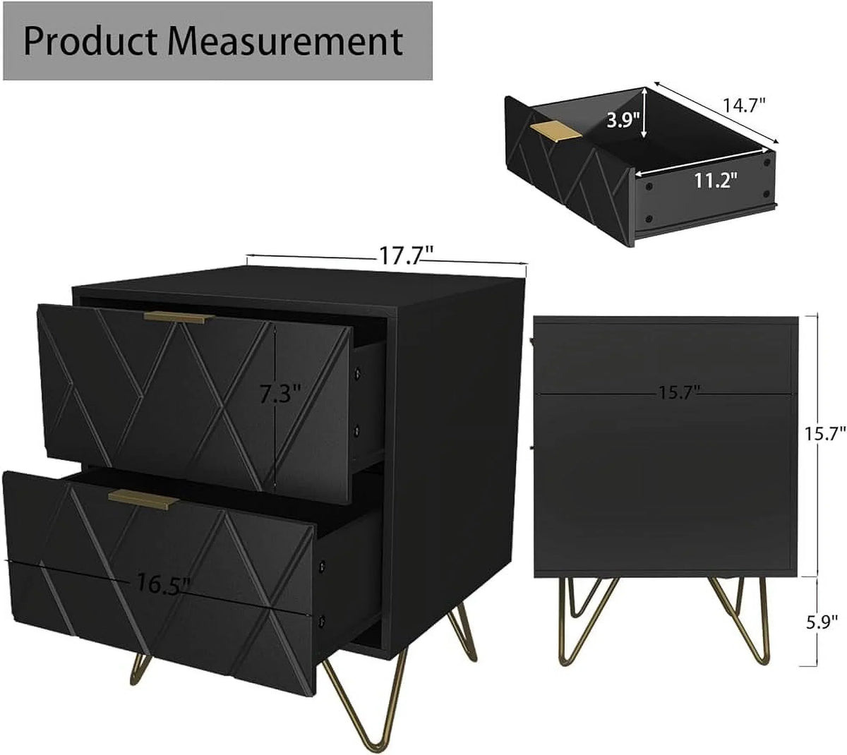 RSJIWOGZ Black Nightstand With 2 Drawers 17.7 in W