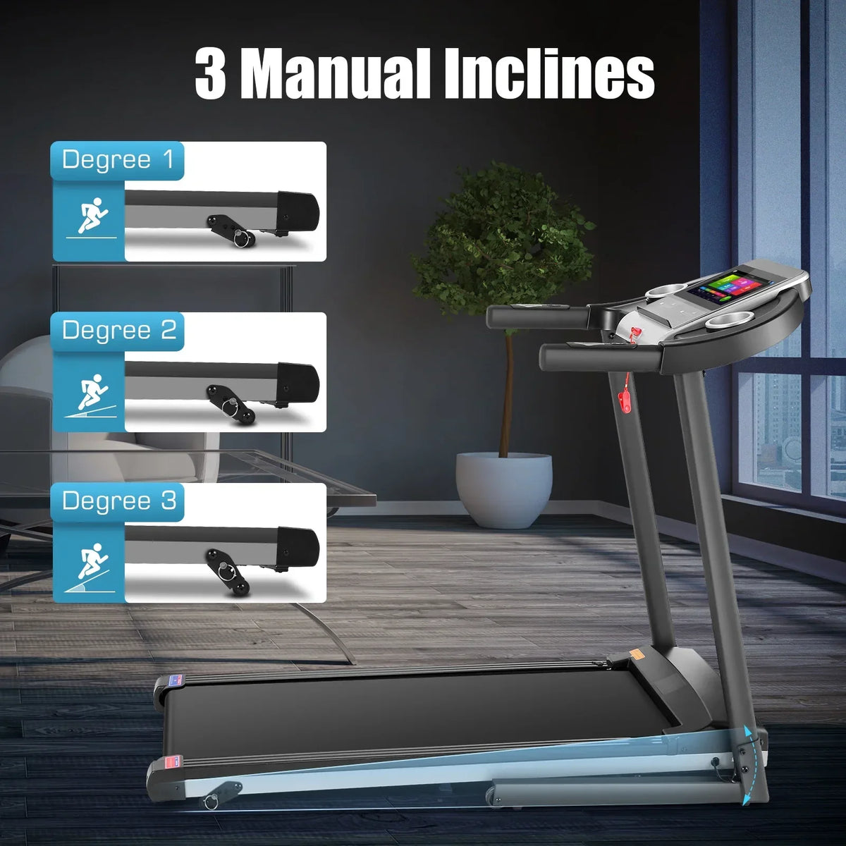 Simpfree Folding Treadmill With 10 Inch HD Touchscreen, 3.25HP, 0.5-9.0 MPH, Black