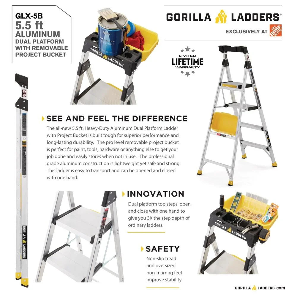 Gorilla Ladders Aluminum Dual Platform Ladder With Project Bucket, 5.5 Ft, 300 Lb Capacity