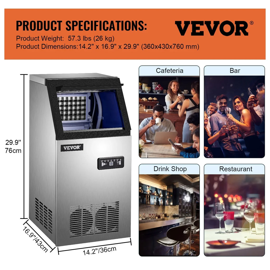 SKYSHALO 110V Commercial Ice Maker, 120lbs/24h, 29lbs Storage, 5x9 Cubes, Stainless Steel