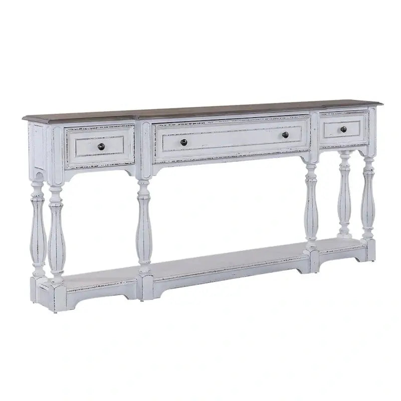 Magnolia Manor Hall Console Table, 72 in, Antique White And Weathered Bark Finish