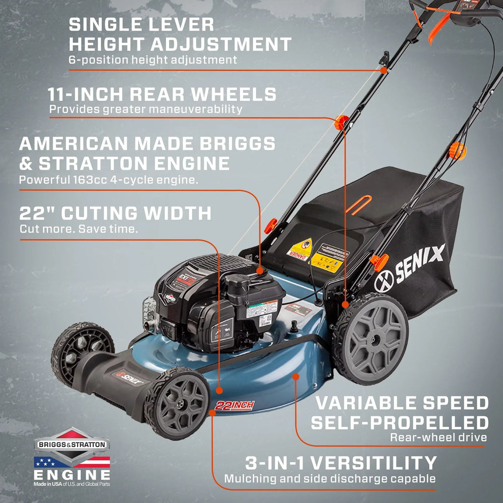 SENIX 22in 163cc 4-Cycle Gas Self-Propelled Mower, 3-In-1, Variable Speed, 11in Rear Wheels - LSSG-H2