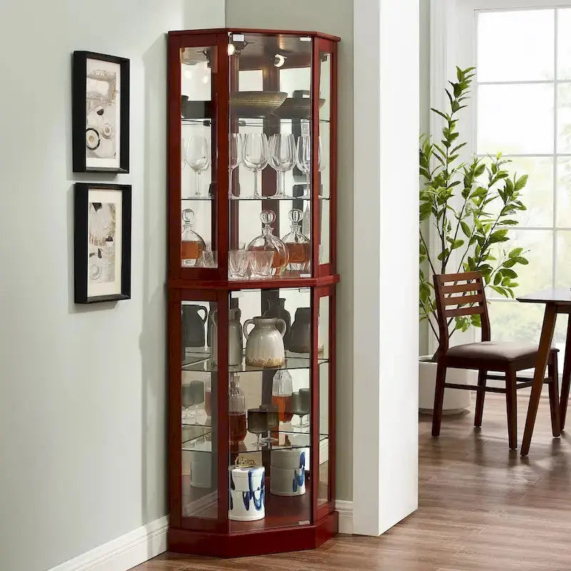 Cherry Corner Curio Cabinet With 6-Tier Display Shelf And Interior Lighting