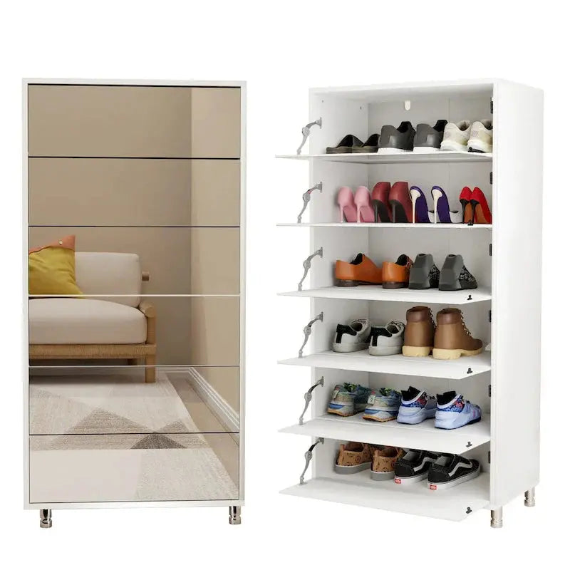 Mirror-Front Shoe Cabinet With Six Flip-Down Drawers And Four Metal Legs