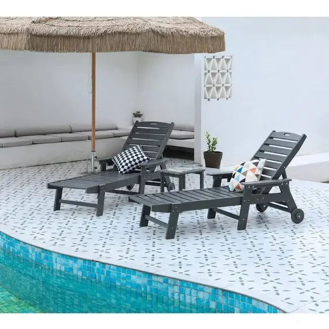 3-Piece All-Weather Patio Set With 2 Adjustable Chaise Lounges And Rolling Side Table, 75.20 x 28.74 x 39.17 in