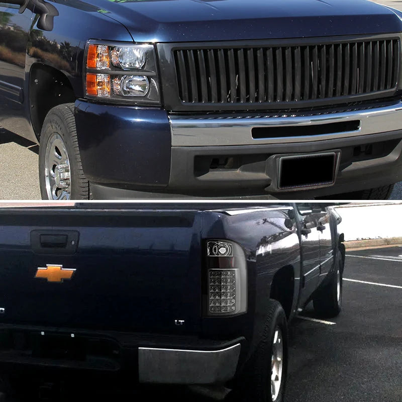 Spec-D Tuning Crystal Black Headlights, LED Tail Lamps And Black Grille For 2007-2013 Chevy Silverado 1500 Pickup