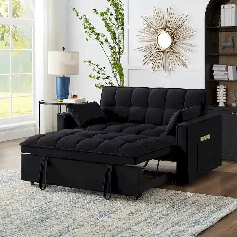 Tufted Loveseat Sofa Bed - Pull-Out Sleeper With Adjustable Backrest And Storage Pockets