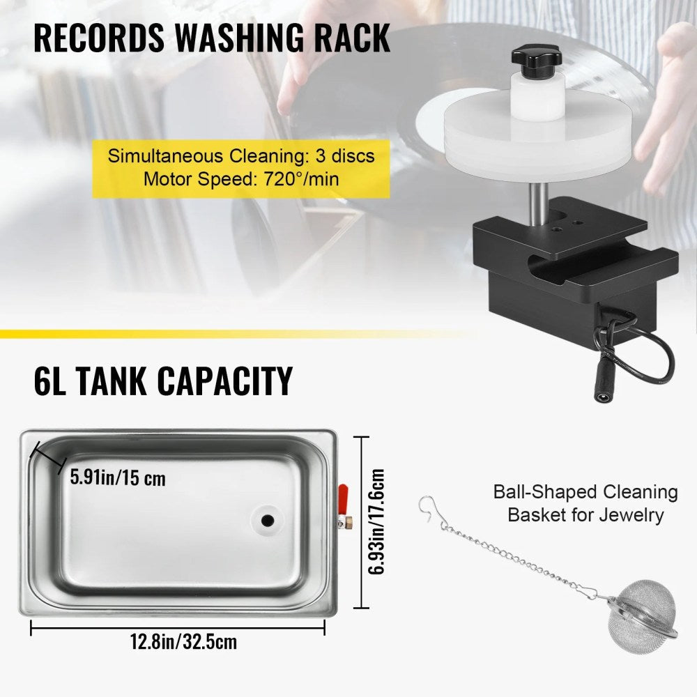 BENTISM Ultrasonic Vinyl Record Cleaner 6L 40kHz Stainless Steel Tank, 8 Records