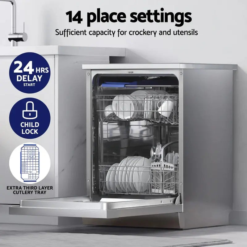 Devanti Freestanding Dishwasher, 60cm Wide, 14-Place Setting, Silver - BDW-14-FS5201G-SS