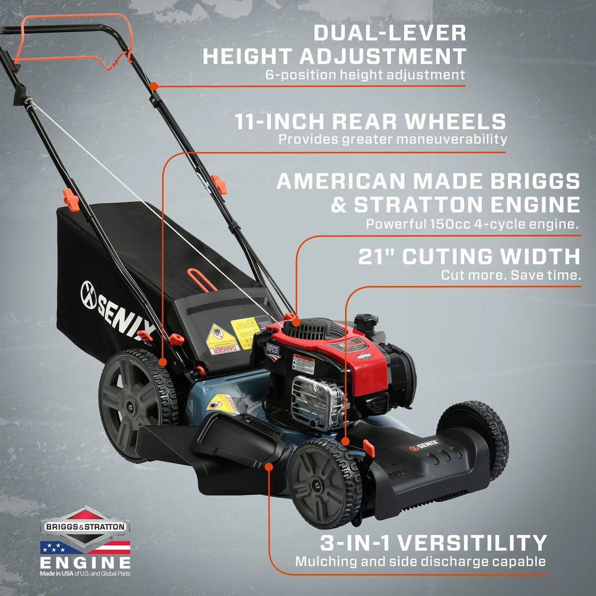 SENIX Self-Propelled Gas Lawn Mower, 21-Inch, 150 cc 4-Cycle Briggs & Stratton Engine, Blue - LSSG-M1