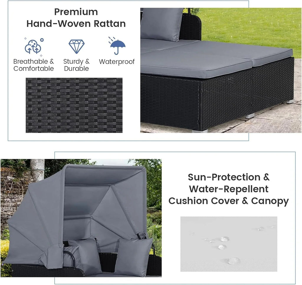 RELAX4LIFE Patio Daybed With Canopy, Cushions, 4 Pillows And 2 Side Trays, Turquoise - B0BYSN7GC7