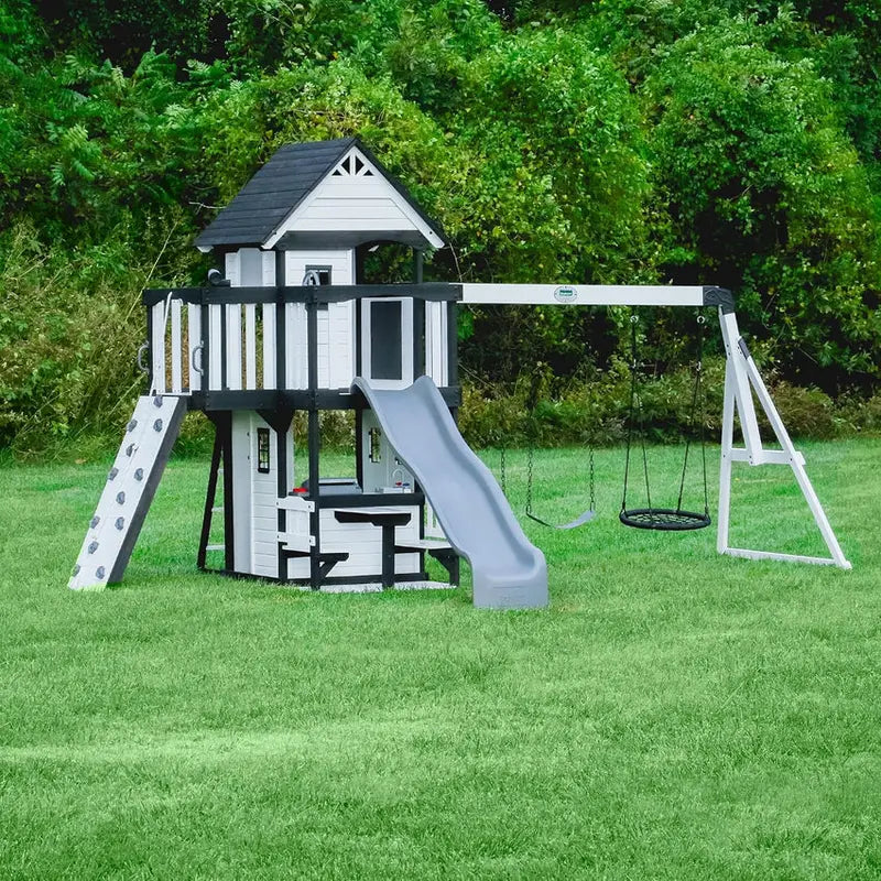 Canyon Creek Cedar Outdoor Playset With Clubhouse, 8-Foot Slide, 2 Belt Swings, Web Disc Swing - 183 x 188 x 119 inches