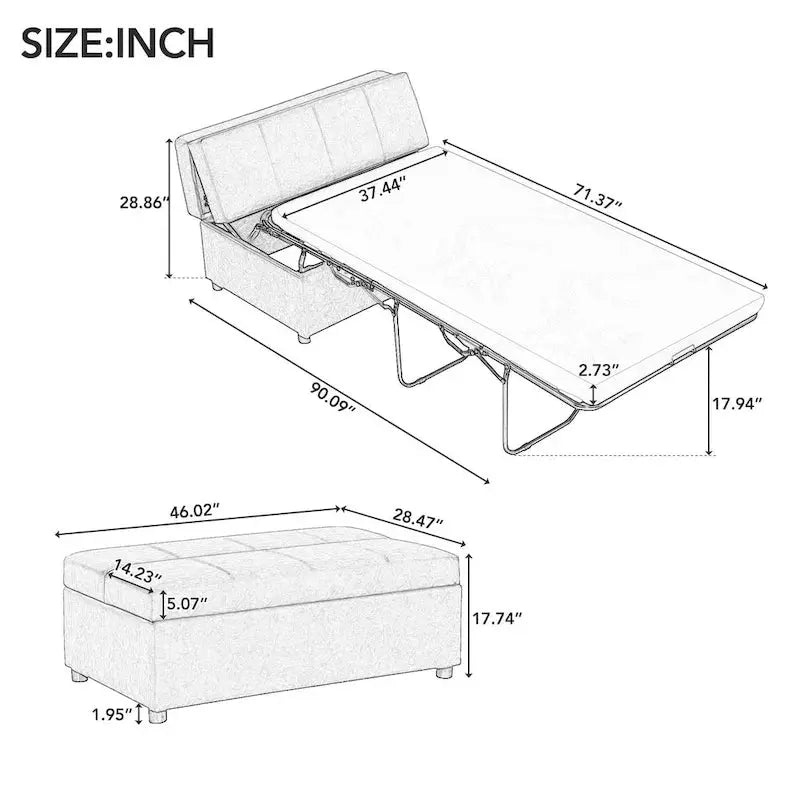 Twin-Fold Ottoman Sleeper Bed With PU Upholstery And Integrated Mattress