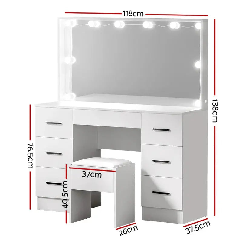 Artiss Dressing Table Set, 7 Drawers, LED Mirror, Stool, 10 Bulbs, White - Debbie