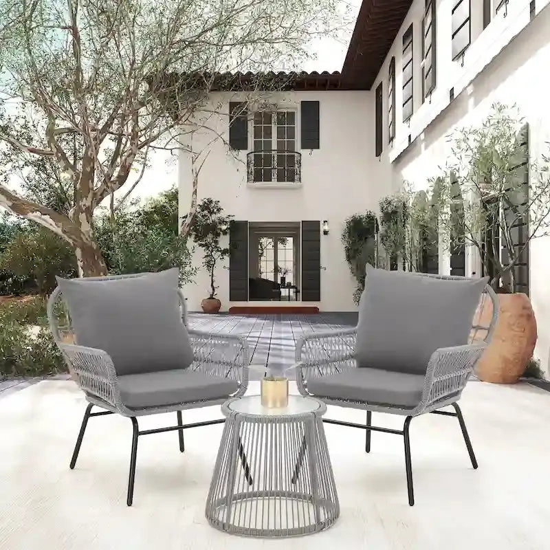 3-Piece Rattan Patio Conversation Set With Glass-Top Bistro Table, Two Wide-Arm Chairs And Seat Cushions