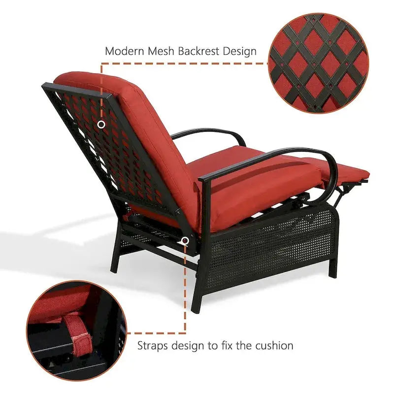Adjustable Outdoor Reclining Lounge Chair With Cushions, 38 in D x 26.5 in W x 38.5 in H
