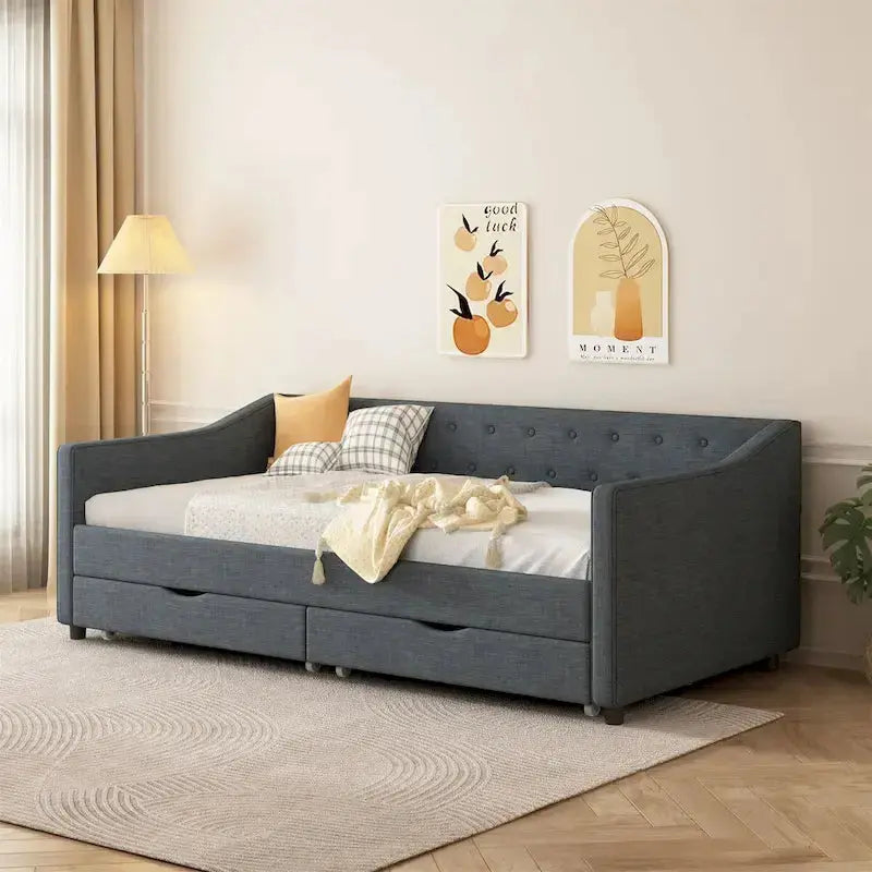 Upholstered Twin Daybed With Tufted Design, Drawer Storage, 81.10 x 42.00 x 28.50 in