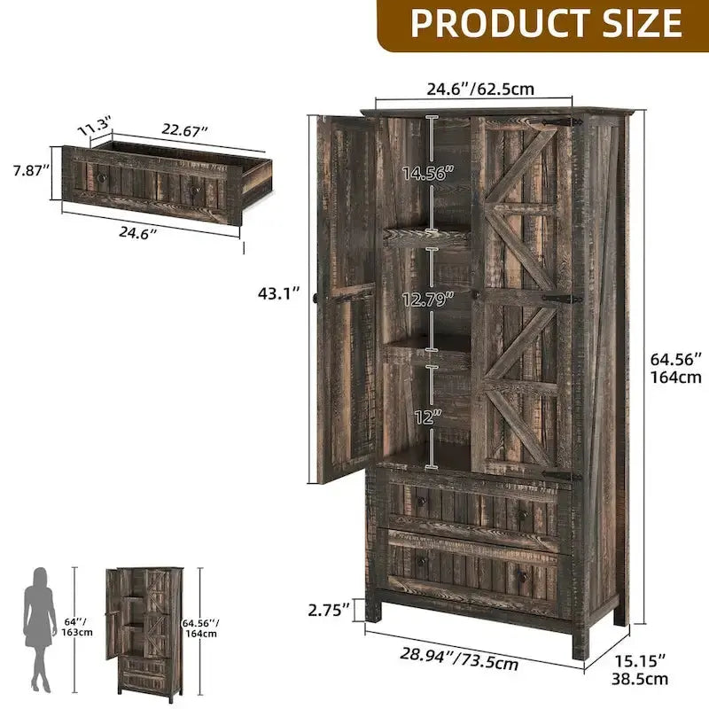 Farmhouse Kitchen Pantry Cabinet With 2 Drawers And Adjustable Shelves - 64in Tall