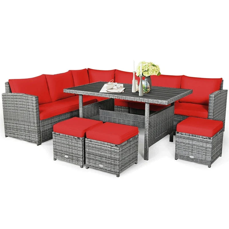 7-Piece Resin Wicker Outdoor Sectional Sofa Set With Dining Table, Ottomans And Cushions