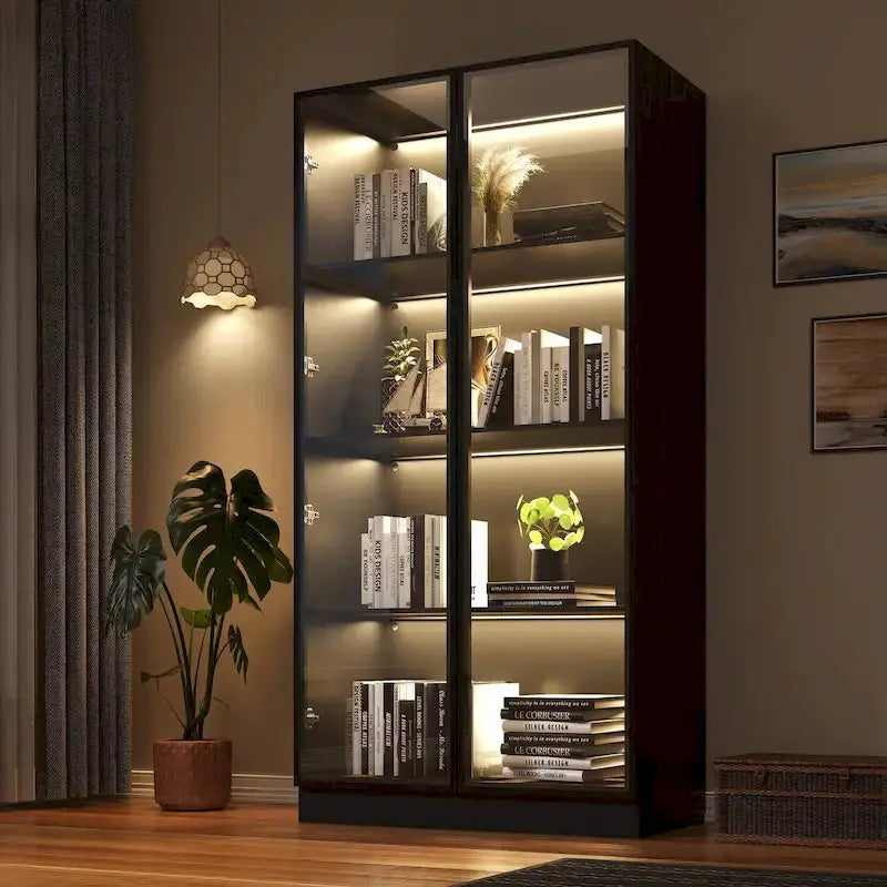 Glass-Front Display Cabinet With Tempered Glass Doors And 4-Tier Adjustable Shelving