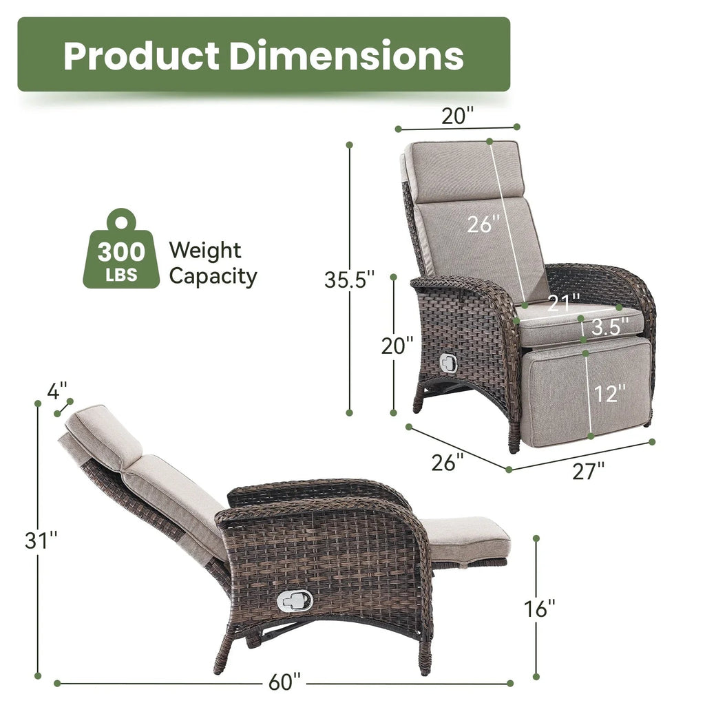 OPOHORO Outdoor Recliner Chair With Cushion, Beige, 1-Pc