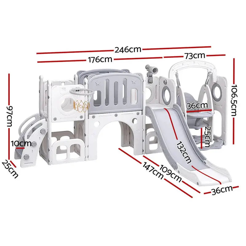 Keezi 4-In-1 Outdoor Play Set With Slide, Swing, Basketball Hoop And Football Ring - Grey And White, 246CM x 147CM x 106.5CM