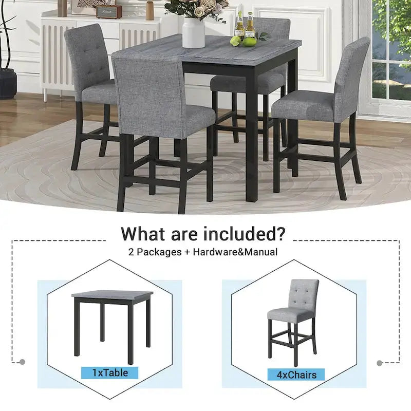 5-Piece Counter-Height Dining Set With Solid Wood Table And 4 Padded High-Back Chairs