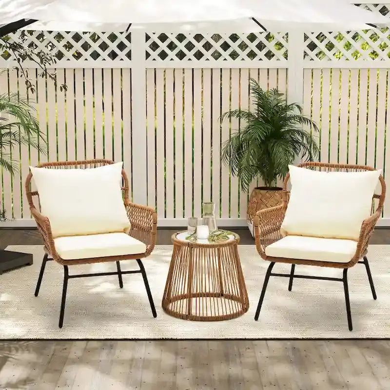 3-Piece Rattan Patio Conversation Set With Glass-Top Bistro Table, Two Wide-Arm Chairs And Seat Cushions