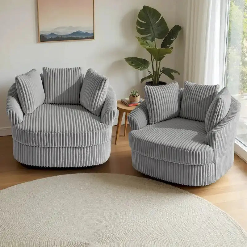 2 Oversized Corduroy Swivel Barrel Chairs, 43.2 W x 39.3 D x 31.4 H