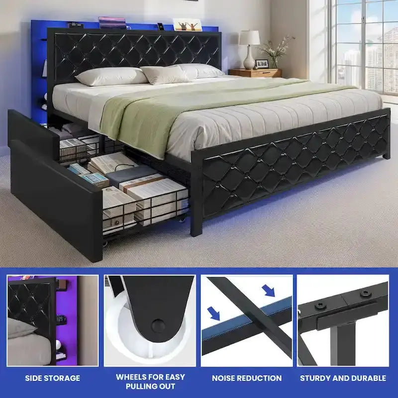 Moasis Queen Upholstered Faux Leather Platform Bed Frame With Headboard, 4 Storage Drawers, RGB LED Lights, USB-C Charging Ports - Black
