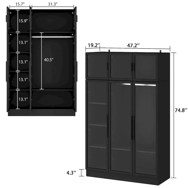 LED-Lit Glass Armoire 47.2in Wide Wardrobe With Full-Glass Doors