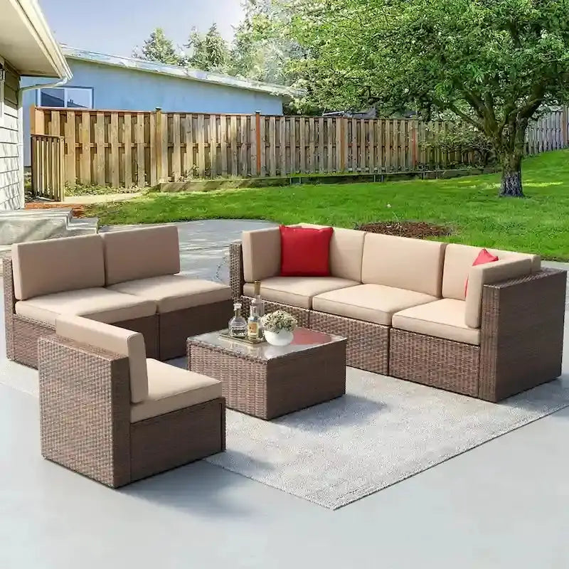 7-Piece PE Rattan Outdoor Sectional Set With Wicker Patio Sofa And All-Weather Cushions