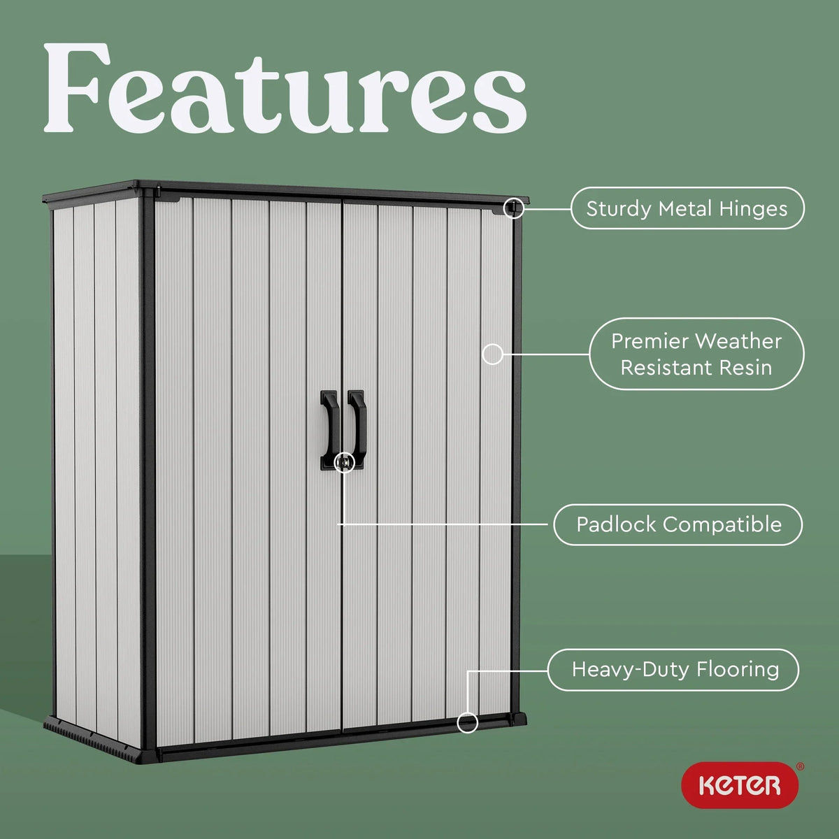 Keter Premier Tall Vertical Resin Outdoor Storage Shed With Floor And Locking Double Doors - Grey