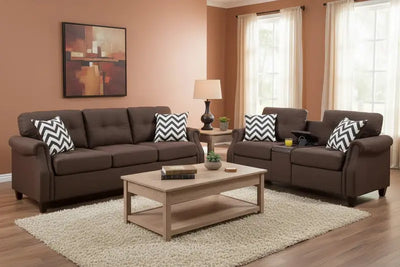 2-Piece Sofa Loveseat Set, Dark Brown Fabric, USB Charging Ports, 4 Decorative Pillows