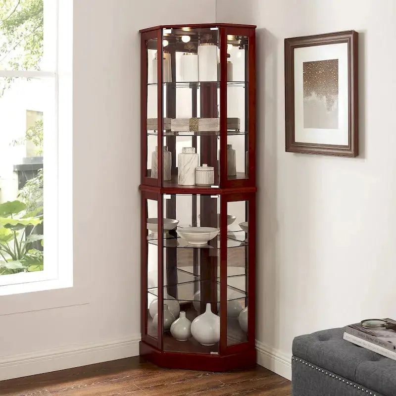 Cherry Corner Curio Cabinet With 6-Tier Display Shelf And Interior Lighting