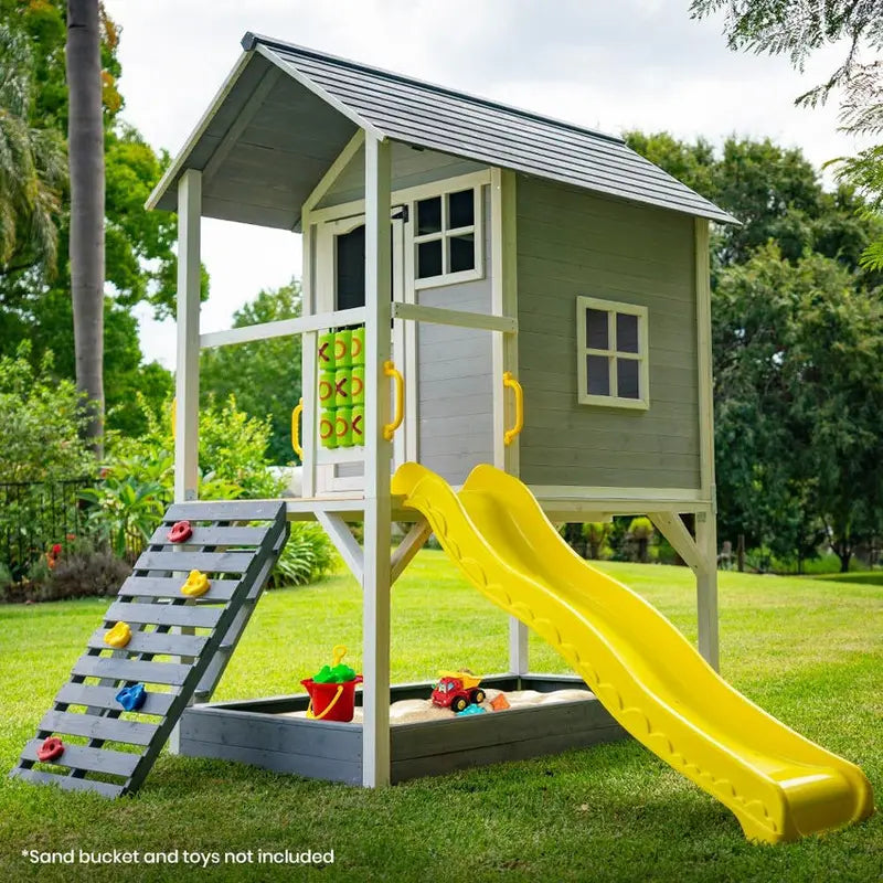 ROVO Wooden Tower Cubby House With Slide, Sandpit, Climbing Wall And Tic-Tac-Toe Panel, Grey, 236 x 176 x 248cm - PLYCBHRV4GYA