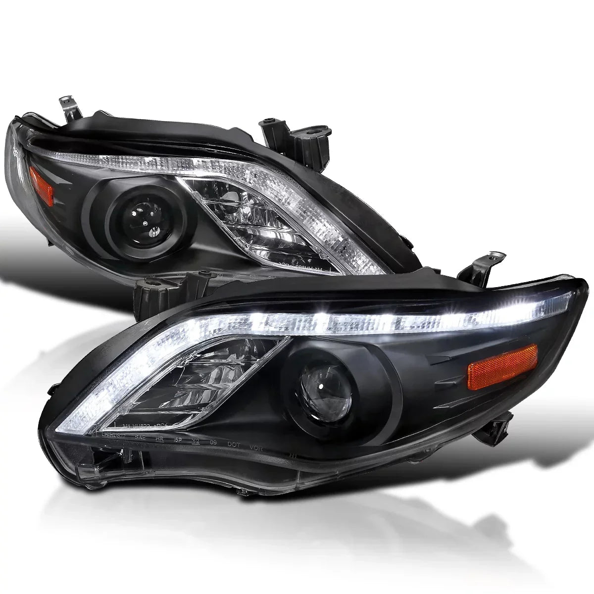 Spec-D Tuning Black Projector Headlights With LED Strip, Left And Right Pair - Toyota Corolla 2011-2013