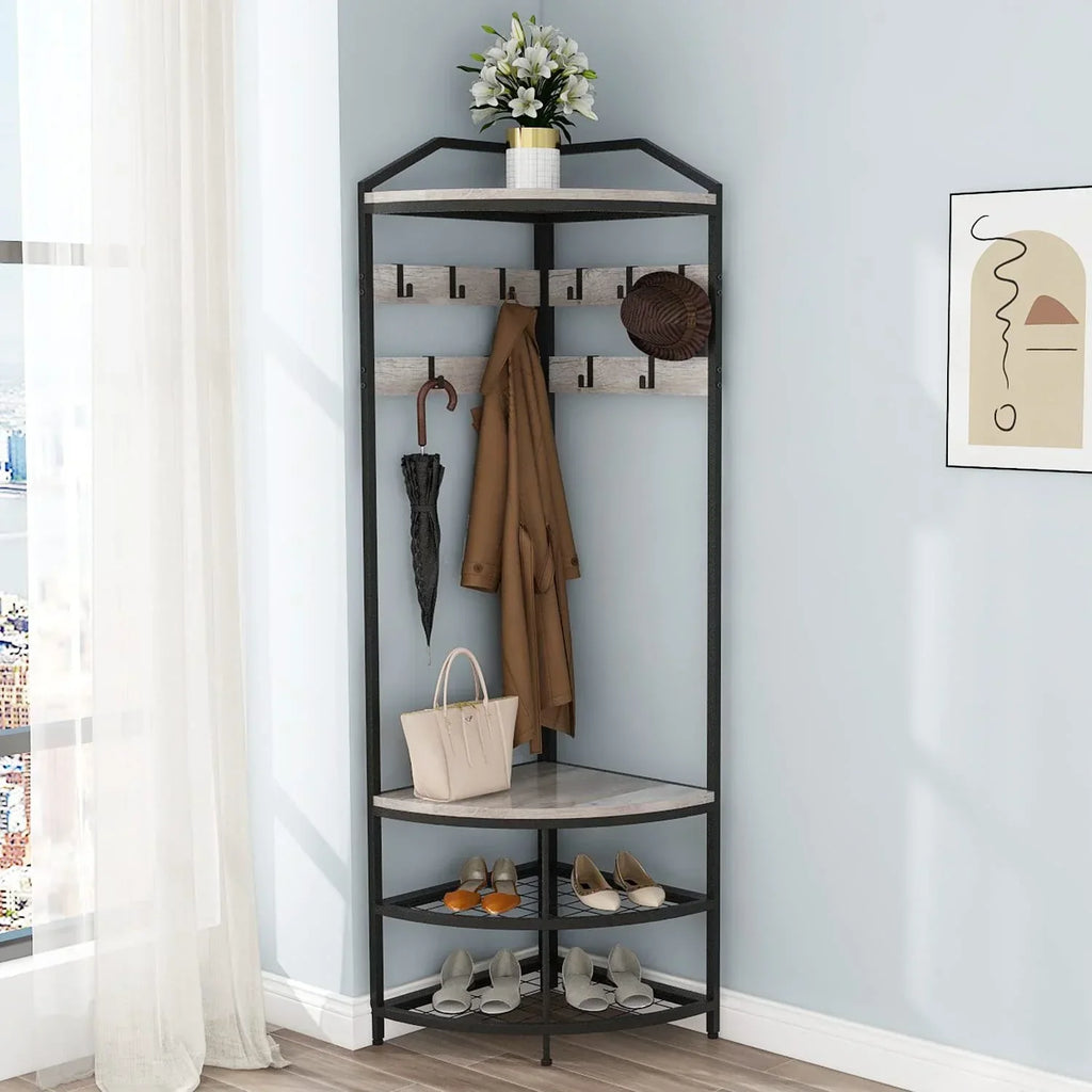 SQRTYVG Corner Hall Tree With Shoe Bench, 10 Movable Metal Hooks, Black - 71.3x18.1x18.1in
