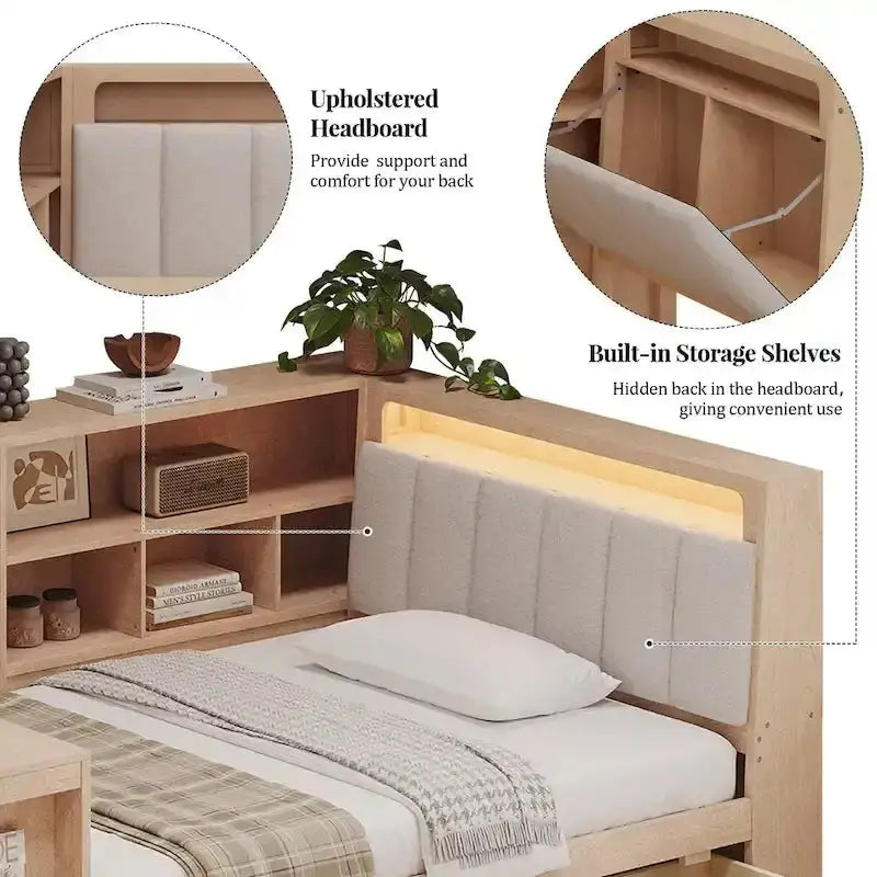 Ivery Furniture L-Shaped Upholstered Daybed With Desk, Bookcase, LED Headboard And Storage