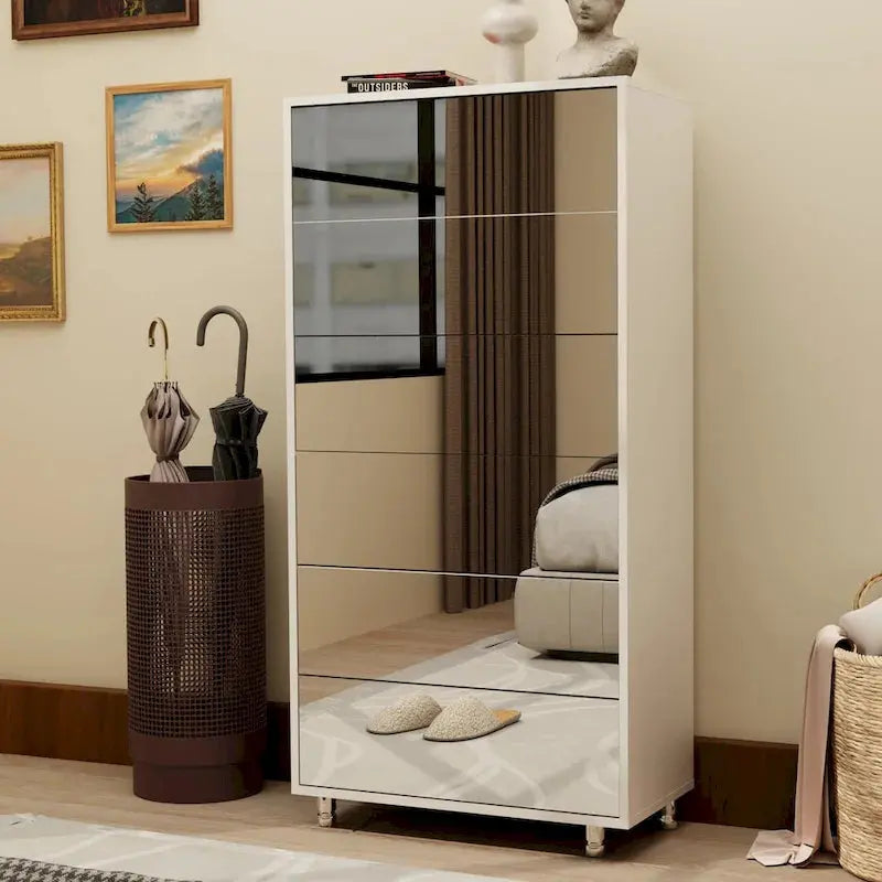 Mirror-Front Shoe Cabinet With Six Flip-Down Drawers And Four Metal Legs