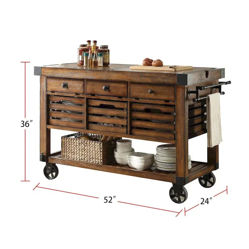 Kitchen Cart Rolling Island With 3 Storage Drawers - Distressed Chestnut