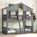 Twin-Over-Twin Playhouse-Style Bunk Bed - Grey With Roof, Window & Safety Rails