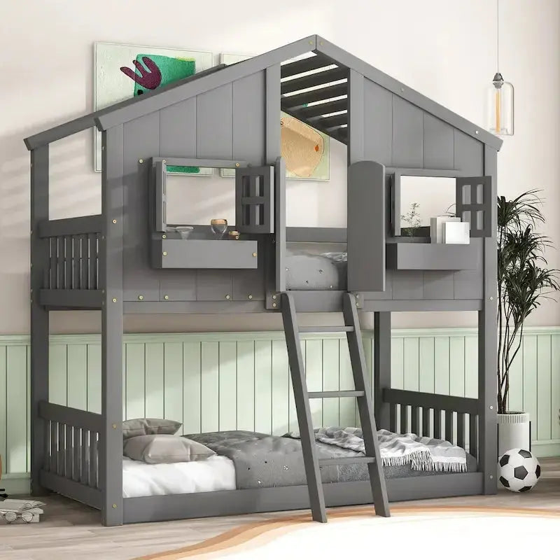 Twin-Over-Twin Playhouse-Style Bunk Bed - Grey With Roof, Window & Safety Rails