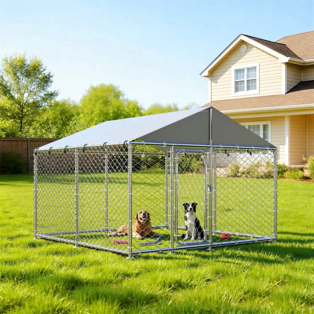 YOKWOK Outdoor Dog Kennel With Roof, 7.5X7.5ft, Silver - Outdoor Dog Crate