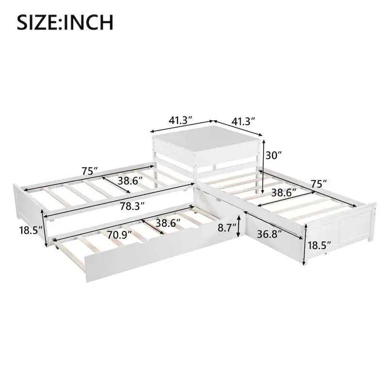 Modern White L-Shaped Twin Platform Bed With Built-In Trundle And Storage Drawers