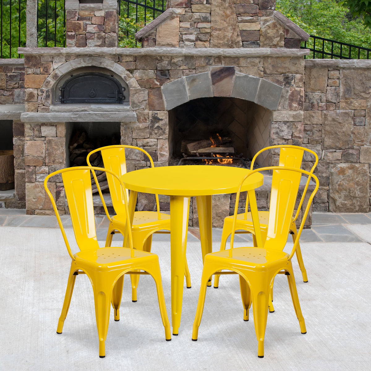 Emma + Oliver 30 in Round White Metal Indoor-Outdoor Table Set With 4 Cafe Chairs