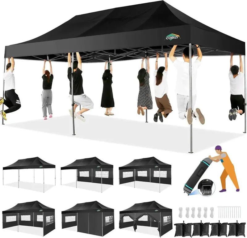 COBIZI 10x20 ft Commercial Pop-Up Canopy Tent With 6 Sidewalls And Roller Bag