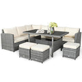 7-Piece Resin Wicker Outdoor Sectional Sofa Set With Dining Table, Ottomans And Cushions
